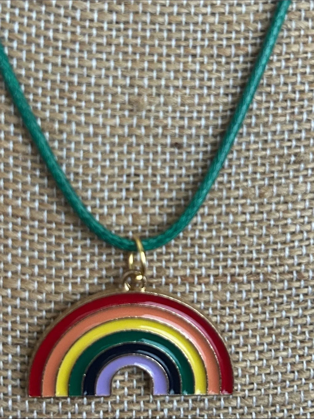 Rainbow Enamel Pendant Necklace on Green Cord - Picture 2 of 3